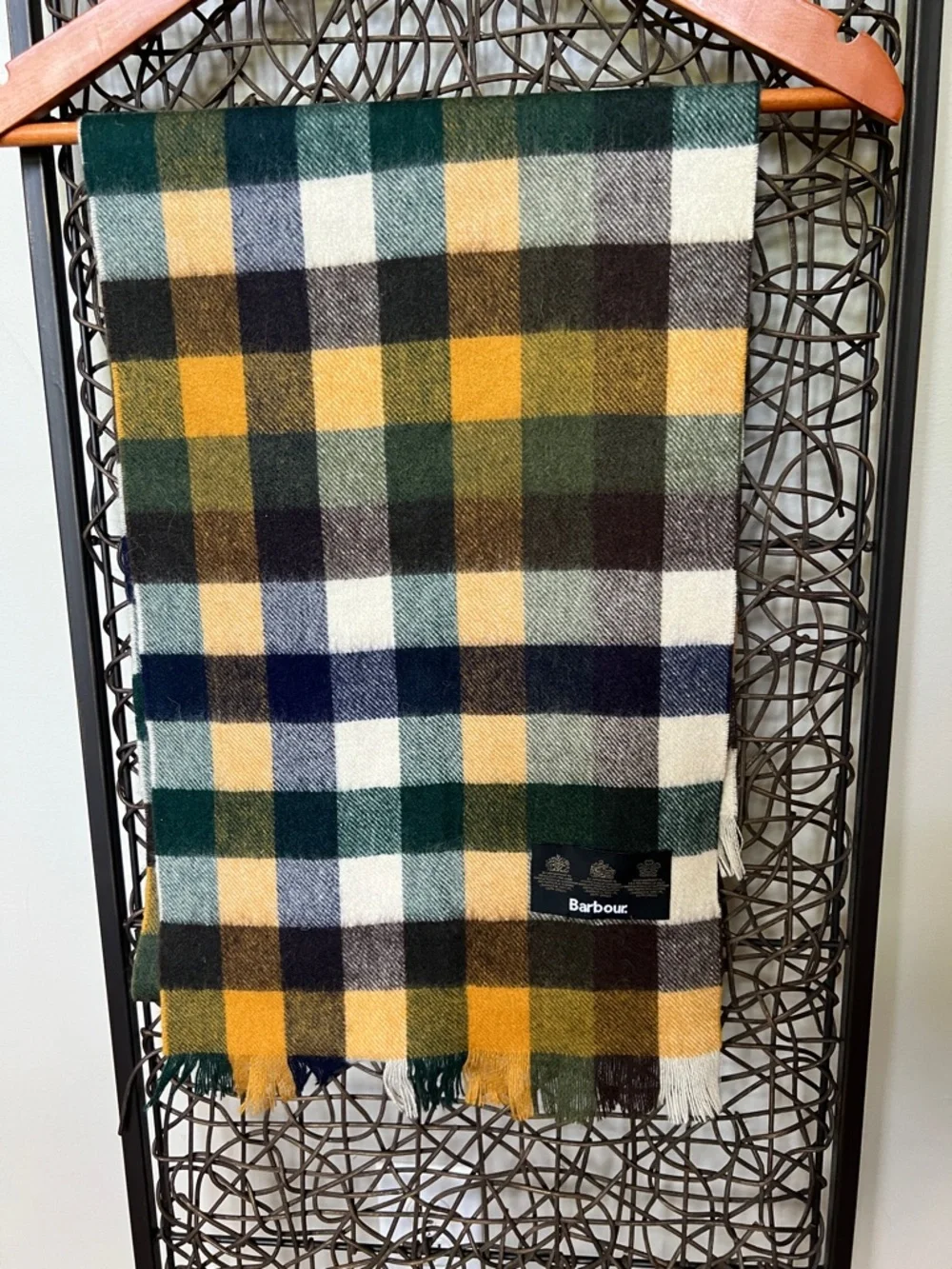 Barbour Tattersall Tartan Lambswool Fringe Scarf Forest Mist Check Pattern